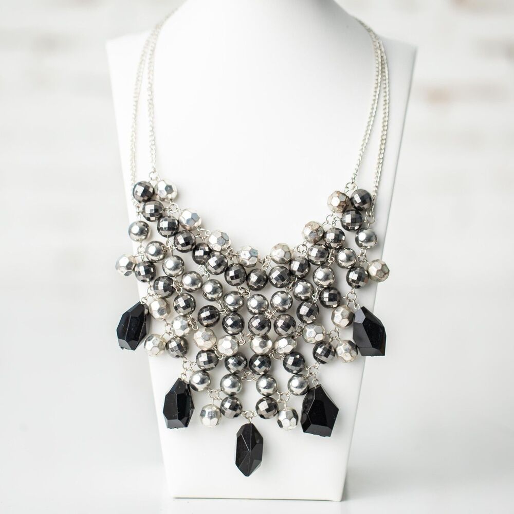 Chunky Black Silver Statement Necklace Multi Strand Faceted Beads Bib Necklace